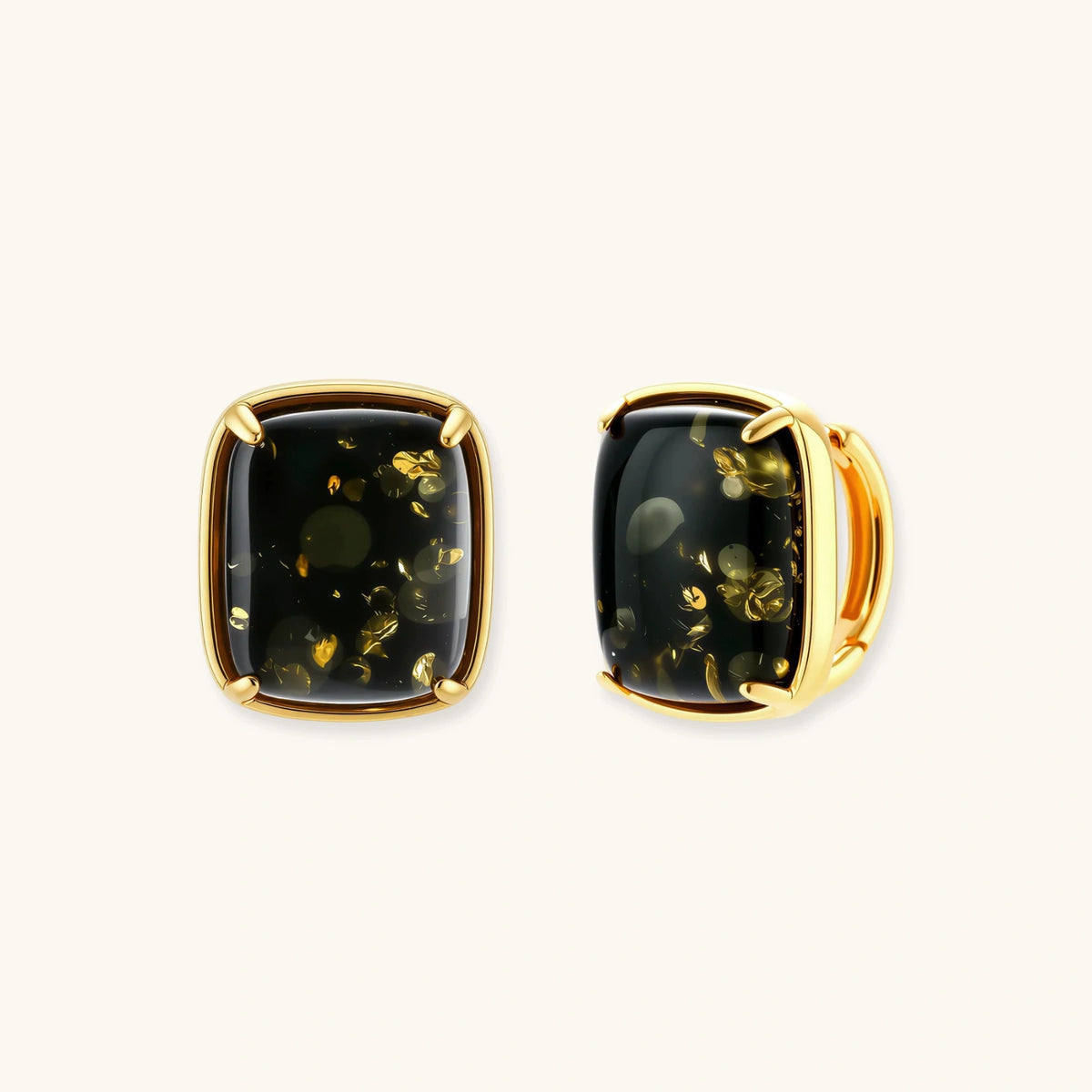 Elegant cushion-cut green amber earrings with golden inclusions in 18K gold-plated sterling silver settings.